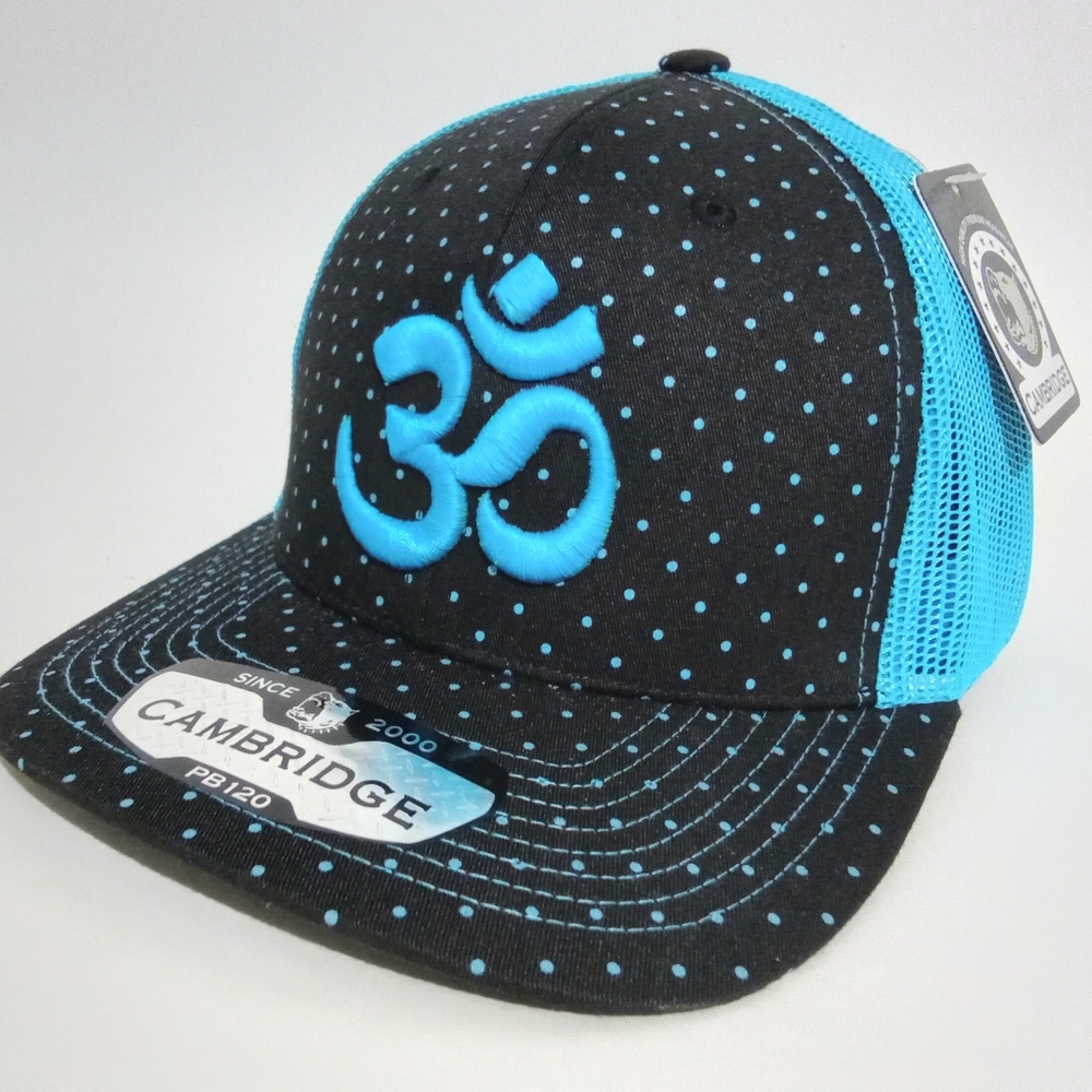 Om Aum Ohm Yoga Namaste Symbol 3D Embroidered Blue Polka Dot Mesh Trucker Hat 